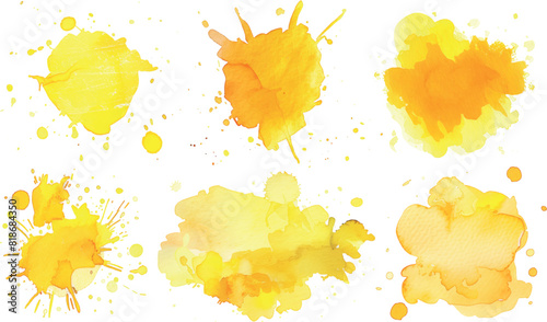 Set of colorful watercolor splashes featuring abstract shapes and patterns in shades of yellow, providing a modern and artistic look, watercolor style, white background, illustrati photo