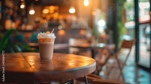 Iced coffee or frappuccino in plastic takeaway or to go cup on wooden table at cafe and people