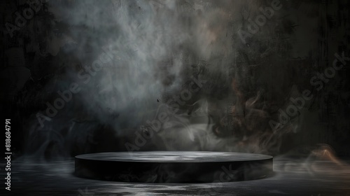 Podium black dark smoke background product platform abstract stage texture fog spotlight. Dark black floor podium dramatic empty night room table concrete wall scene place display studio smoky dust