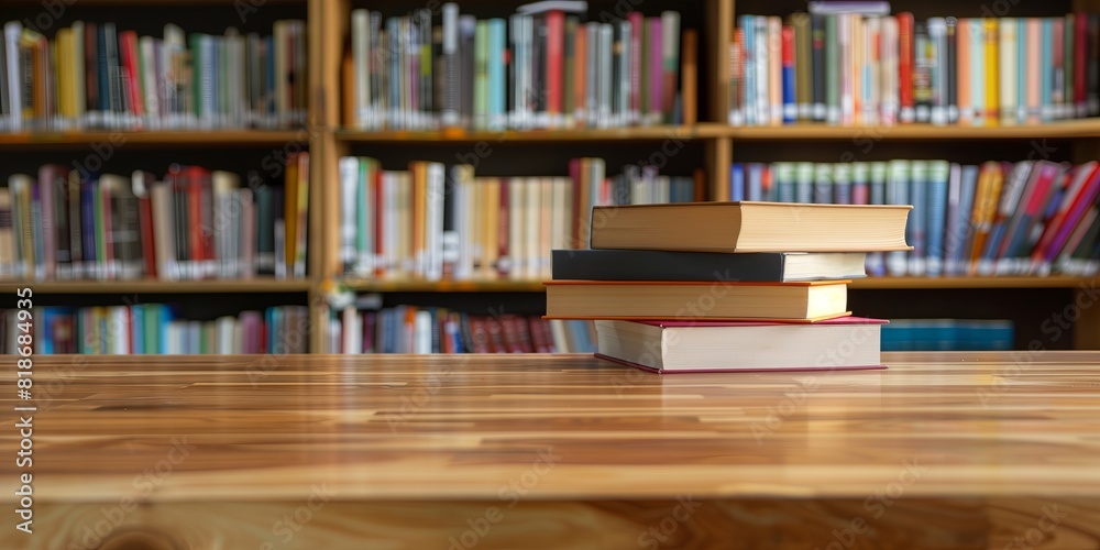 back to school concept. stack of books over wooden desk in front of library. back to school concept. stack of books over wooden desk in front of library.