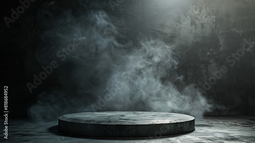 Podium black dark smoke background product platform abstract stage texture fog spotlight. Dark black floor podium dramatic empty night room table concrete wall scene place display studio smoky dust