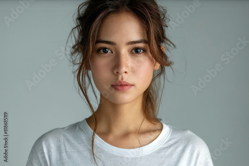 Asian woman long hair in white t-shirt against minimalistic light grey backdrop with copyspace