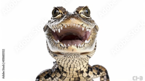 Close up photography of a joyous and entertaining crocodile on a white background © Anzhela