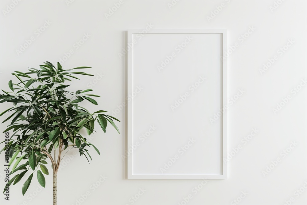 White rectangular vertical frame hanging on a white wall. mockup