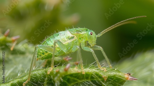 Close up of green aphid on fig leaf emphasizing its extended antennae in high quality photography © Anzhela