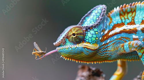 Macro photography  chameleon catching grasshopper with extended tongue in high quality image