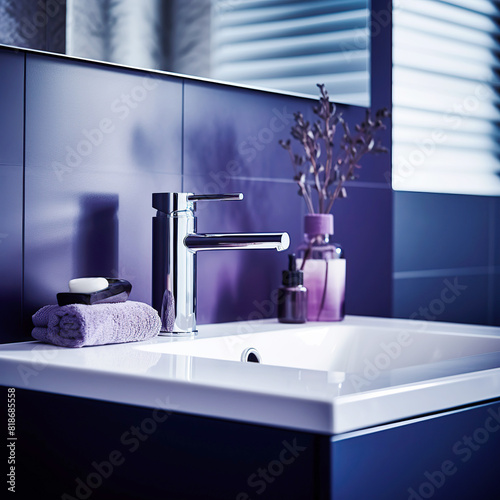 Chrome faucet tap on white ceramic washbasin near blue wall. Interior design of modern bathroom.