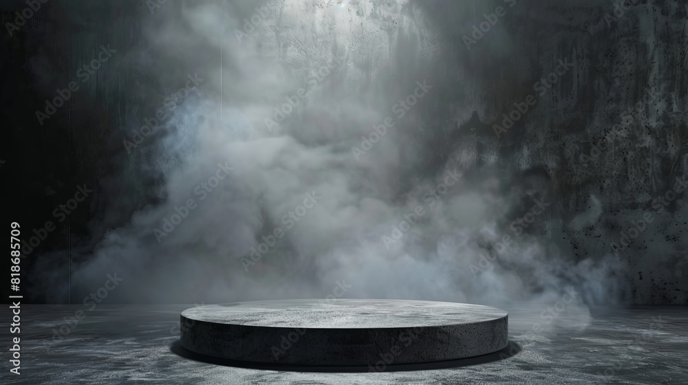 Podium black dark smoke background product platform abstract stage texture fog spotlight. Dark black floor podium dramatic empty night room table concrete wall scene place display studio smoky dust