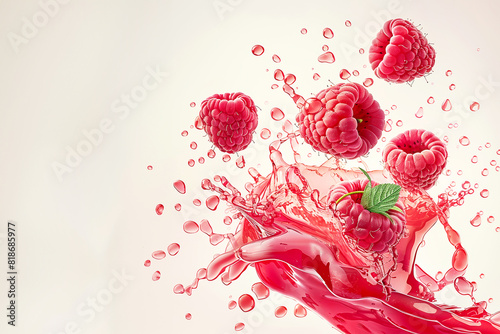 Red raspberries flying in water splashes on white background. Sweet forest berry. © bit24