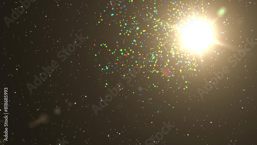 Perfectly seamless loop features glowing colorful particles sunlight  that float across the screen on stars sky. Motion graphic magic points beautiful on background.Sunlight flare ray floating sky