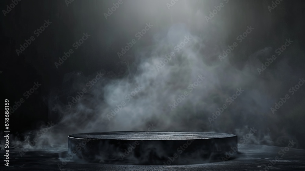 Podium black dark smoke background product platform abstract stage texture fog spotlight. Dark black floor podium dramatic empty night room table concrete wall scene place display studio smoky dust