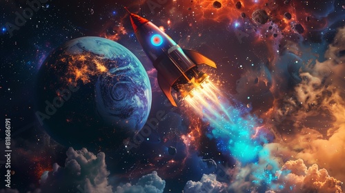 Rocket with a planet behind it in space  poster with place to copy space.