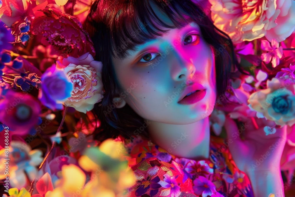 鮮やかな花に囲まれた日本人女性(幻想的・メイク・モデル・ファッション) 鮮やかな花に囲まれた日本人女性(幻想的・メイク・モデル・ファッション)