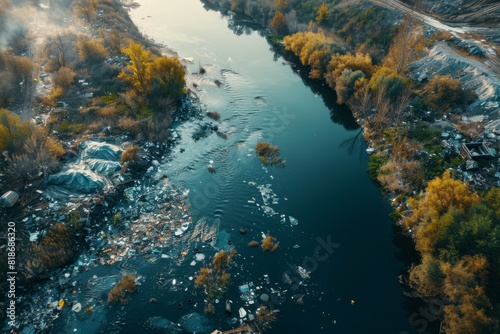 Aerial View of a Polluted River Littered With Garbage and Debris at Dusk