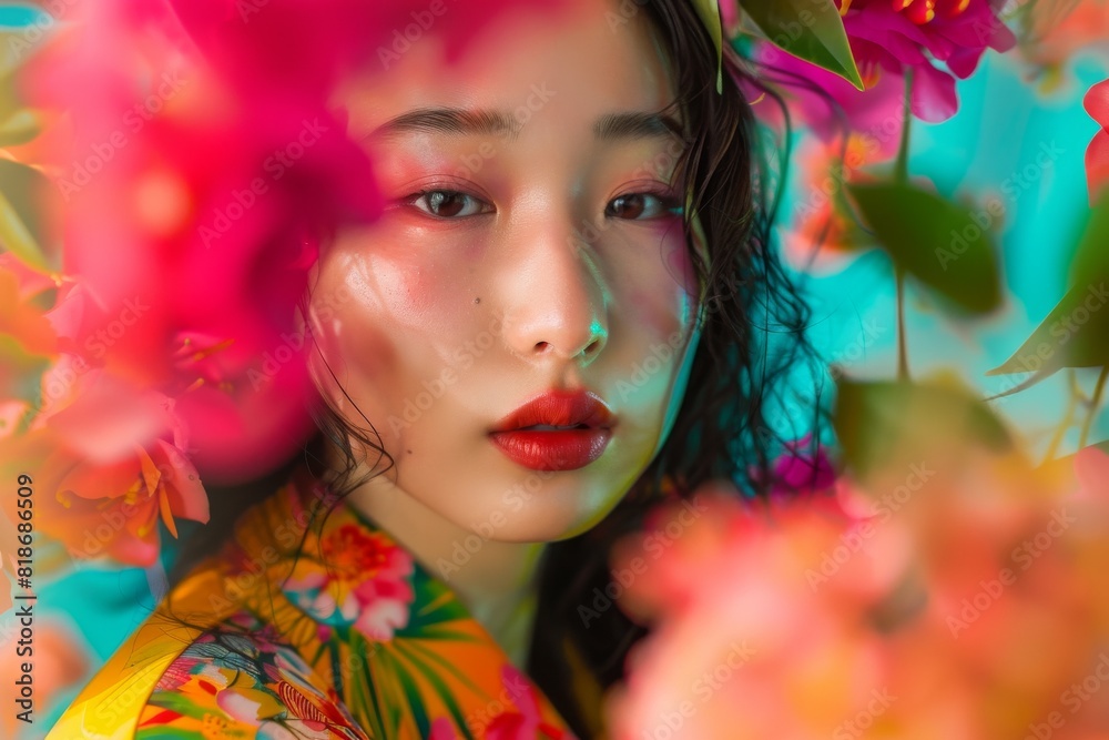 鮮やかな花に囲まれた日本人女性(幻想的・メイク・モデル・ファッション) 鮮やかな花に囲まれた日本人女性(幻想的・メイク・モデル・ファッション)