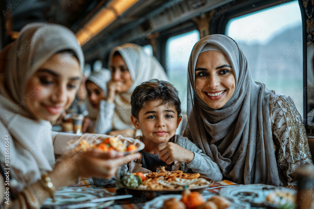 Arab Family Enjoying Snacks on Long-Distance Train Journey Arab Family Enjoying Snacks on Long-Distance Train Journey