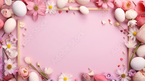 a pink background with flowers and eggs