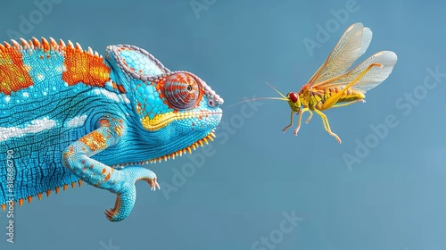Close up high quality photo of chameleon and grasshopper near the chameleon s extended tongue photo
