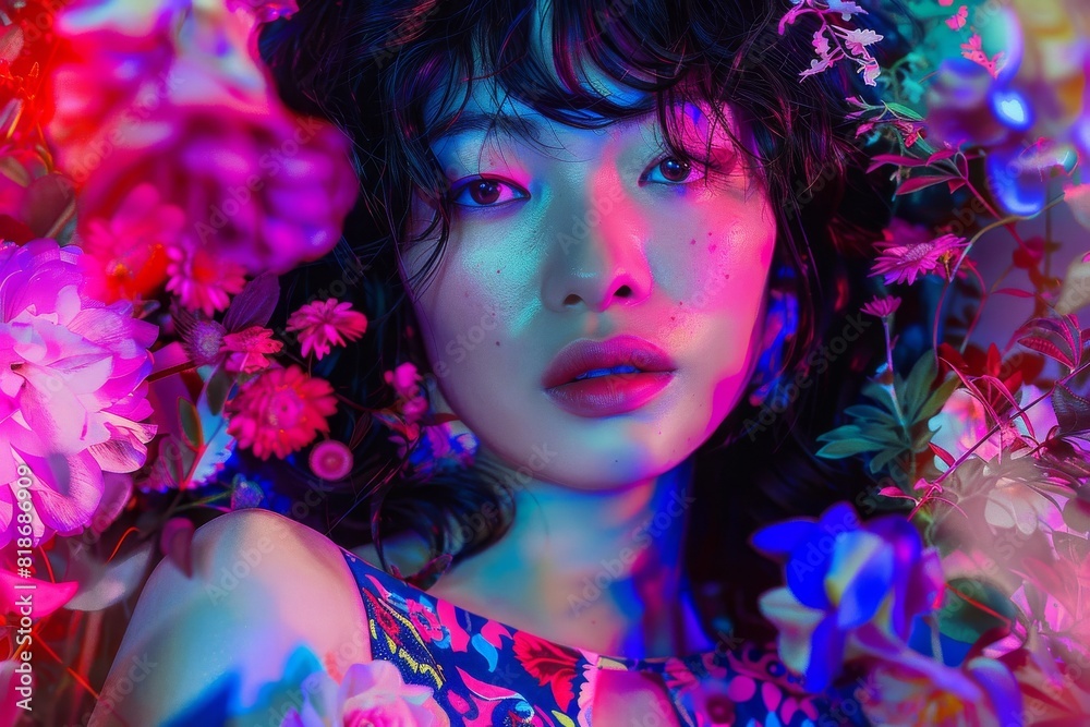 鮮やかな花に囲まれた日本人女性(幻想的・メイク・モデル・ファッション) 鮮やかな花に囲まれた日本人女性(幻想的・メイク・モデル・ファッション)