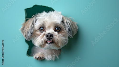 A cute puppy dog peeking out of an azure background from a hole in paper with copy space. Adorable Pet Photography.