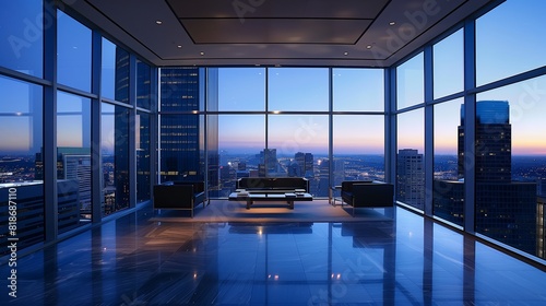 Luxurious Penthouse with expansive city views  modern architecture  and large windows.