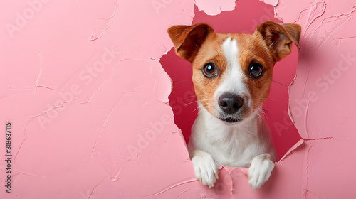 A cute Jack Russell terrier dog peeking out of a pink background from a hole in the paper with copy space. Adorable Pet Photography.