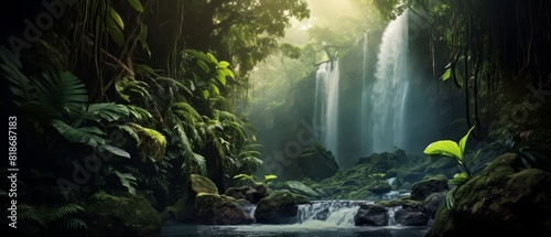 Majestic waterfall in a tropical setting, lush vegetation framing the cascading water, evoking serenity and power, © FoxGrafy