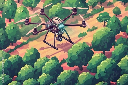 Sustainable smart farming drone technology improves modern agricultural cultivation, green environments, precision crop health monitoring, and advanced vector illustrations. © Leo