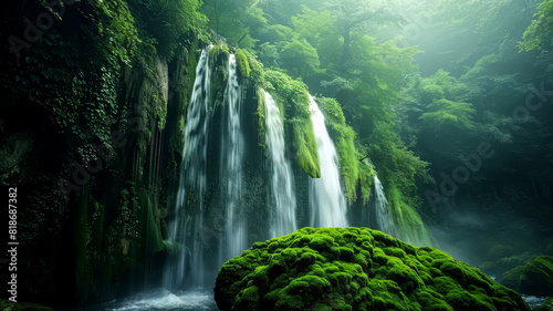 Misty waterfall in a dense forest  water gently falling over mossy rocks  a hidden gem of natural tranquility 