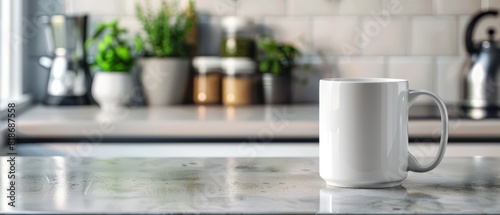 Mockup of a white coffee mug on a kitchen countertop  plain background  with copy space 