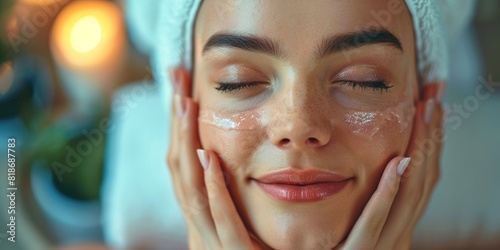 A young woman receives a rejuvenating facial treatment with a mask at a spa.