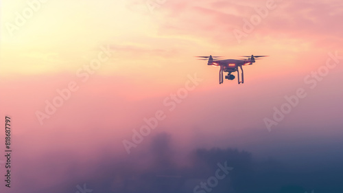 Drone flying at sunrise, silhouetted against a pink and orange sky, creating a serene and futuristic scene. © Ritthichai