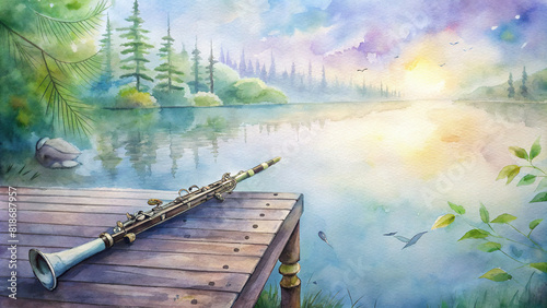 A peaceful watercolor scene portraying a clarinet resting on a wooden dock by a tranquil lake, with ripples gently lapping against the shoreline and birds chirping in the distance