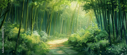 Peaceful bamboo forest  tall stalks swaying gently  a path leading into the calm  green embrace 