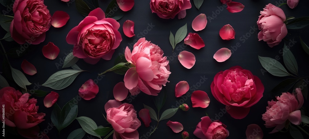 top view red peony rose on black background, sensual romantic spring fashion concept top view red peony rose on black background, sensual romantic spring fashion concept
