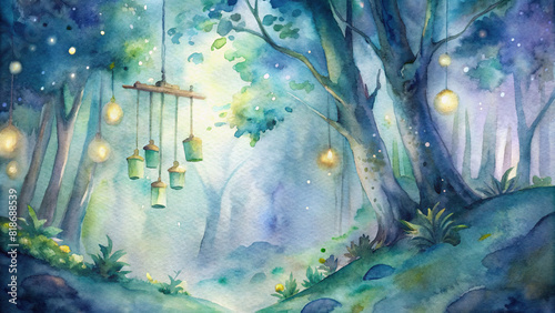 An enchanting watercolor artwork showcasing a xylophone suspended in mid-air amidst a magical forest, with shimmering fireflies illuminating the surrounding trees photo