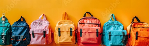 A variety of colorful backpacks lined up on a bright yellow background, with copy space for text. photo