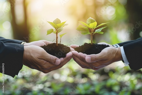 hands holding up a handful of dirt with a plant growing out of it