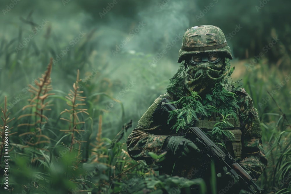 A soldier expertly camouflaged with foliage moves cautiously through a misty forest, blending seamlessly into the surroundings, poised and vigilant.