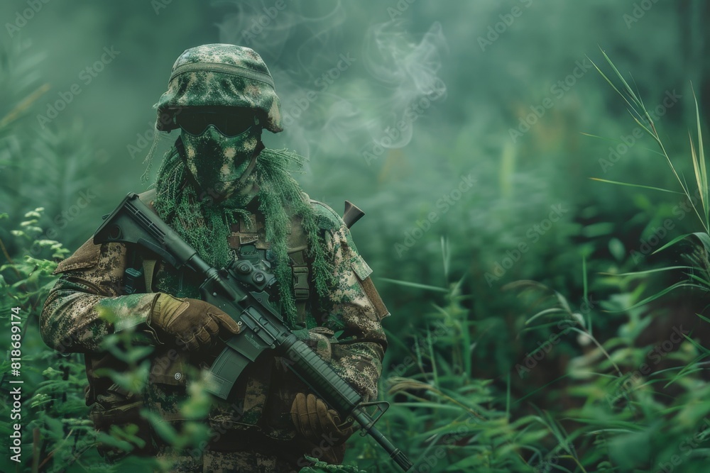 A heavily camouflaged soldier with a rifle stands alert amidst thick foliage, blending seamlessly with the greenery, with mist rising in the early morning air.