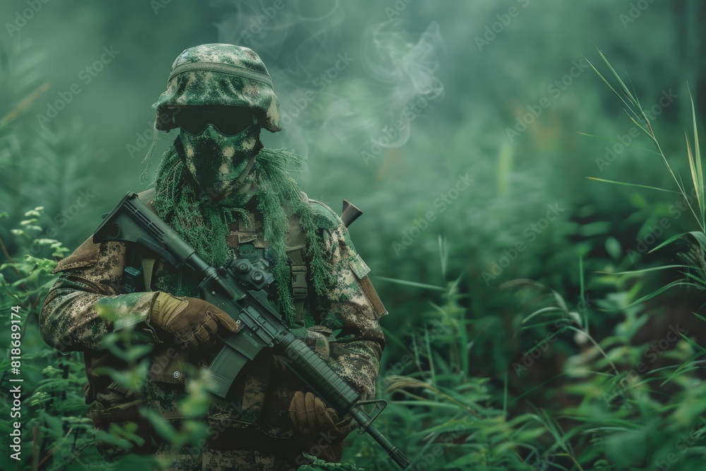 A heavily camouflaged soldier with a rifle stands alert amidst thick foliage, blending seamlessly with the greenery, with mist rising in the early morning air. A heavily camouflaged soldier with a rifle stands alert amidst thick foliage, blending seamlessly with the greenery, with mist rising in the early morning air.