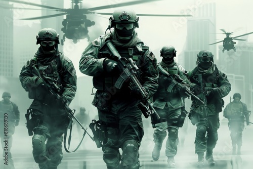 Heavily armed soldiers move strategically through a misty cityscape at dawn, exuding readiness and focus amidst the chaos of war.