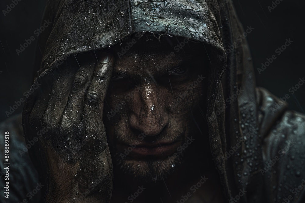Man in hooded outfit with hands on face Man in hooded outfit with hands on face