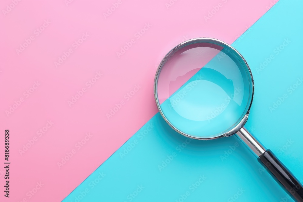 Magnifying glass on pink and blue background Magnifying glass on pink and blue background