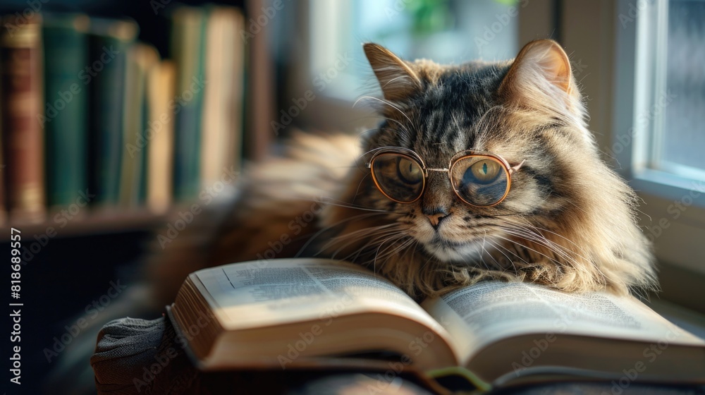 Cat wearing glasses laying on top of open book Cat wearing glasses laying on top of open book