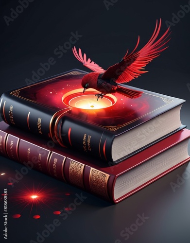 A detailed dramatic illustration of the book  , with red color dark magic splash, dark ghotic photo