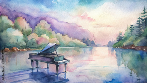 A watercolor painting of a grand piano amidst a serene lake backdrop, with soft, pastel hues 