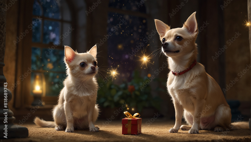 Two small dogs are sitting in a grassy field, looking up at a glowing dandelion-like flower. There are also other glowing flowers in the background. The scene is at night and there are stars in the sk