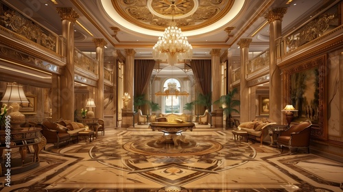 Elegant Hotel Lobby: Grand chandelier, marble floors, and luxury furnishings showcase sophistication.