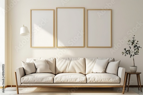 Frame mockup, ISO A paper size. Living room wall poster mockup. Interior mockup with house background. Modern interior design. 3D render